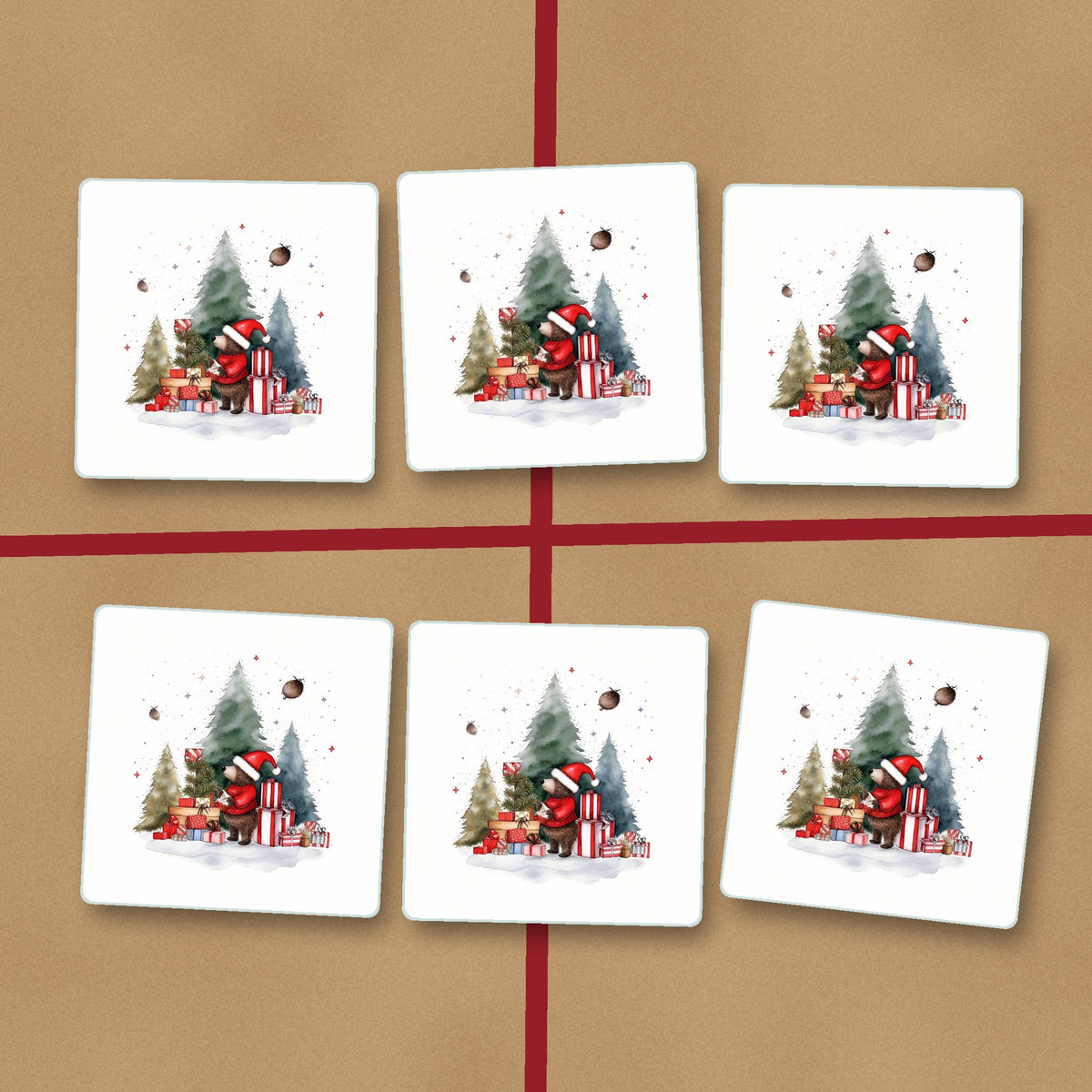 Little Bear with Christmas Presents square glass coasters on kraft gift wrap