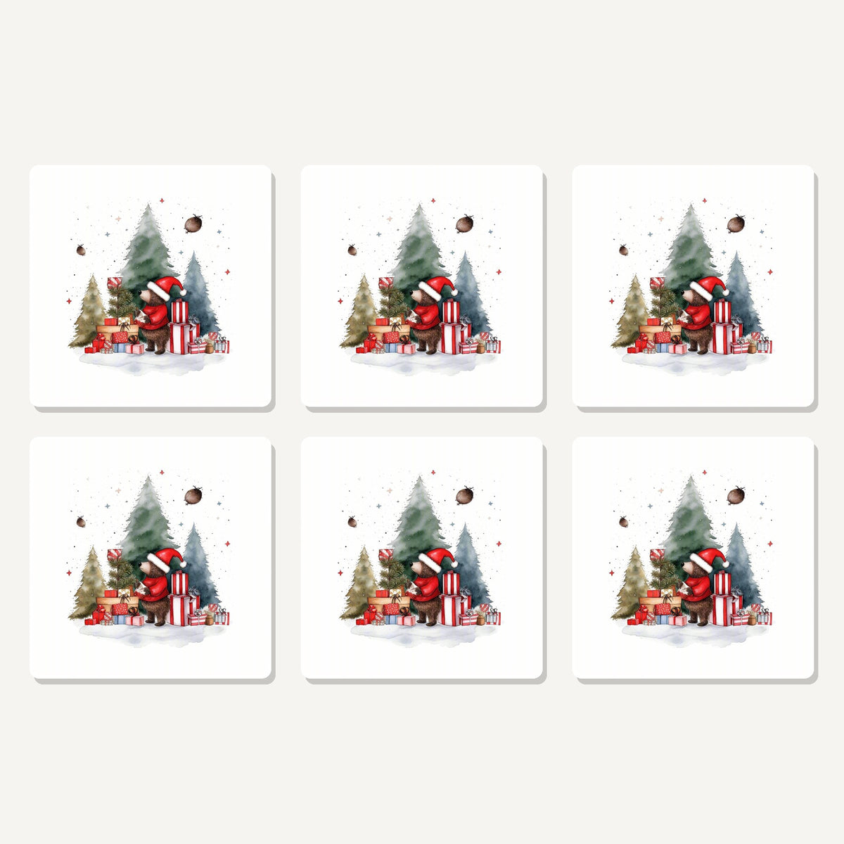 Flat lay of the little bear with christmas presents artwork on six square coasters