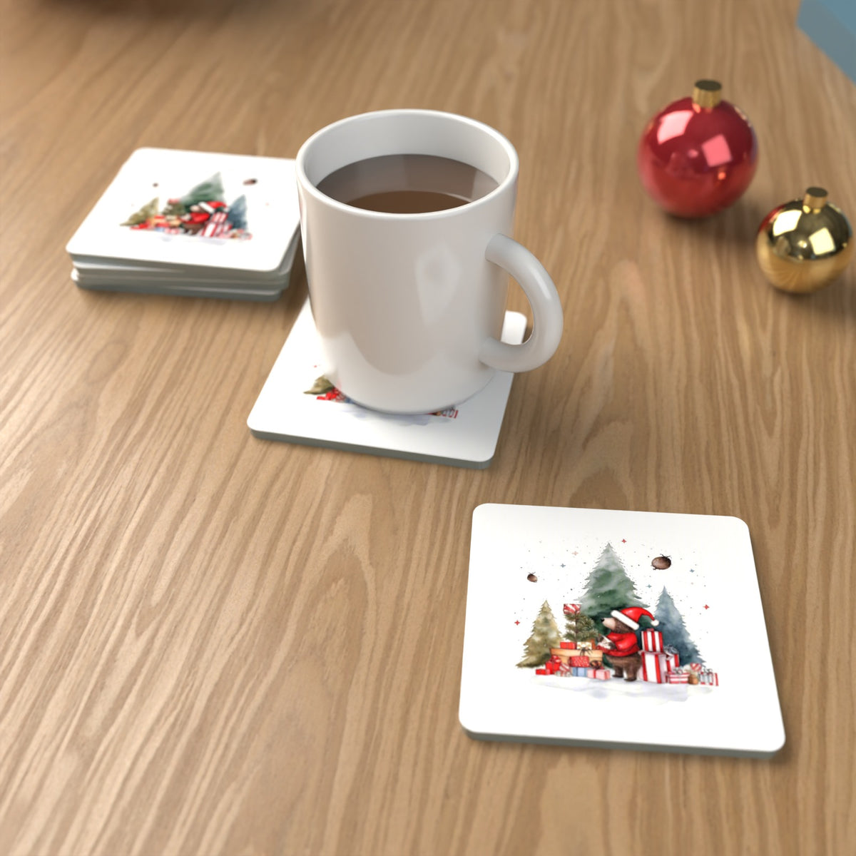Little Bear with Christmas Presents Square Glass Coasters – Set of 6 – lifestyle mockup with a mug of coffee