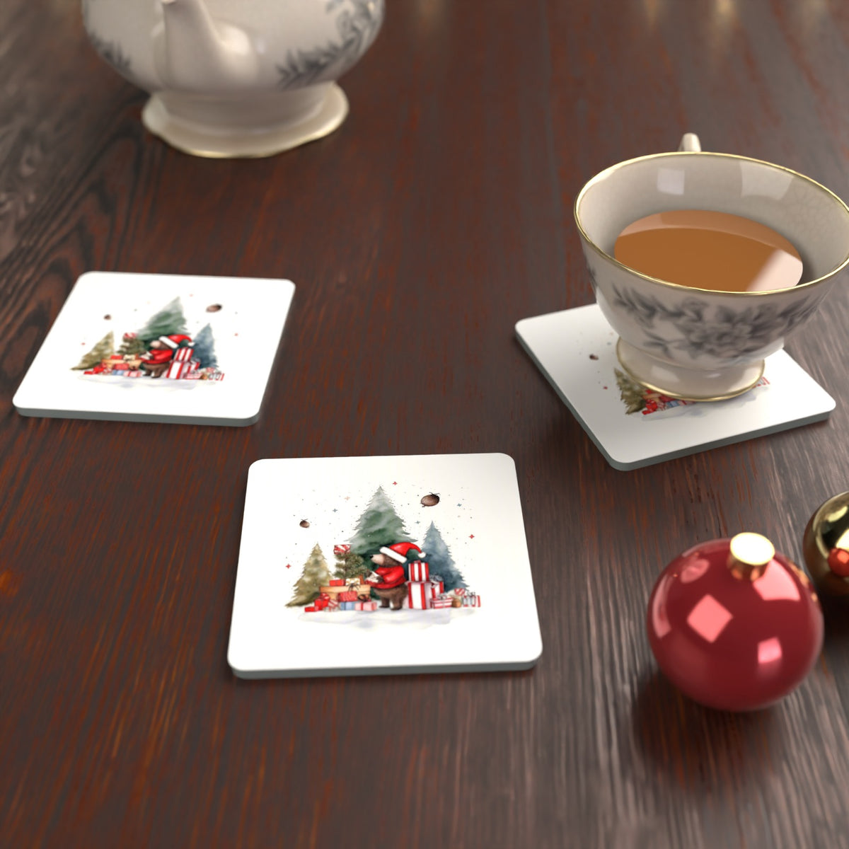 Little Bear with Christmas Presents Square Glass Coasters – Set of 6 – lifestyle mockup with a teacup