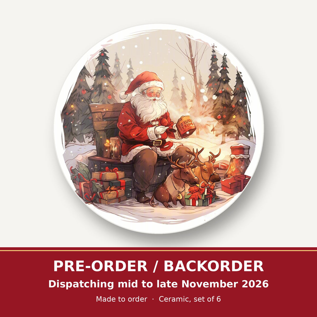 Father Christmas & Reindeer in the Woods round ceramic coaster set of 6 – pre-order / backorder, dispatching mid to late November 2026