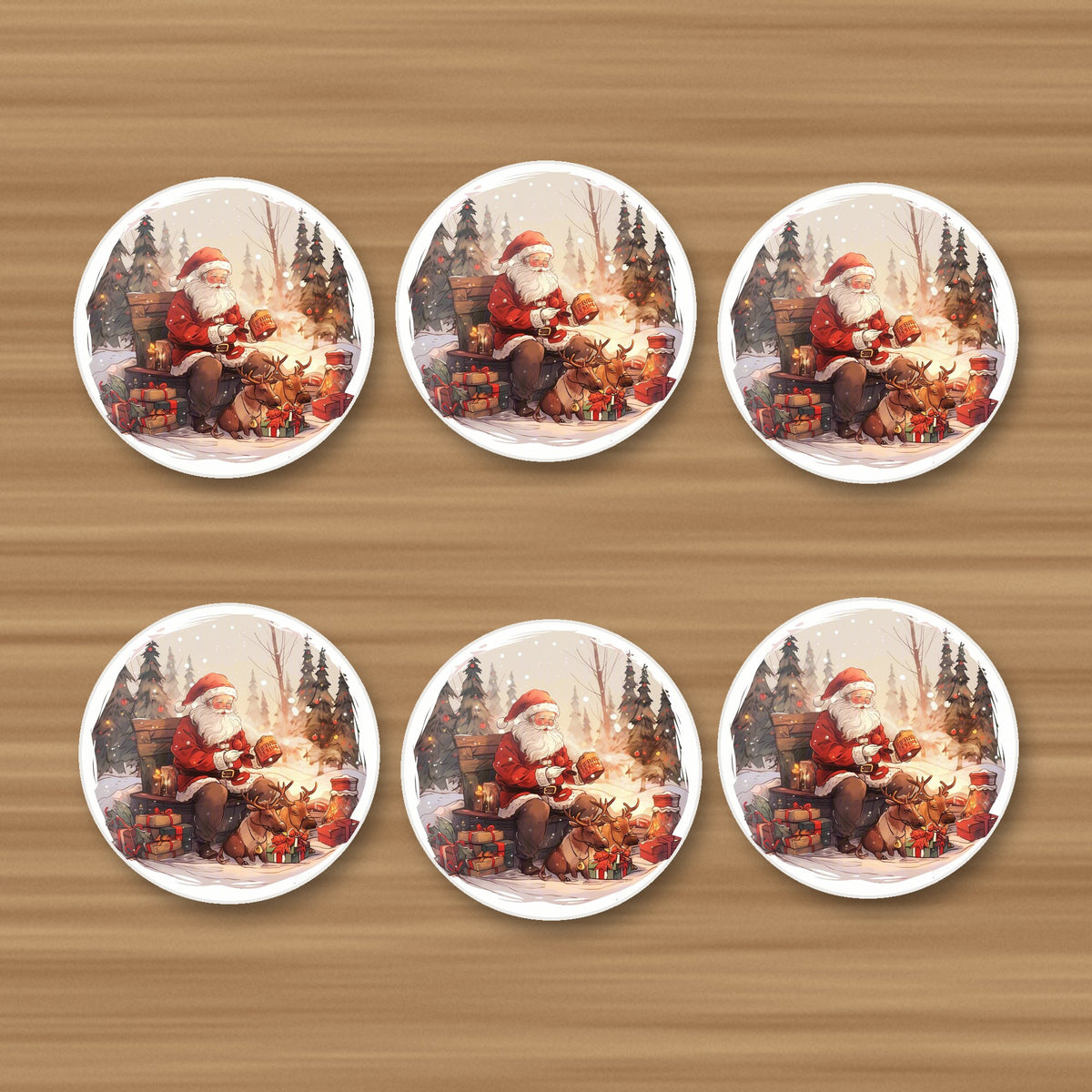 Father Christmas & Reindeer in the Woods round ceramic coasters, set of 6, on an oak coffee table