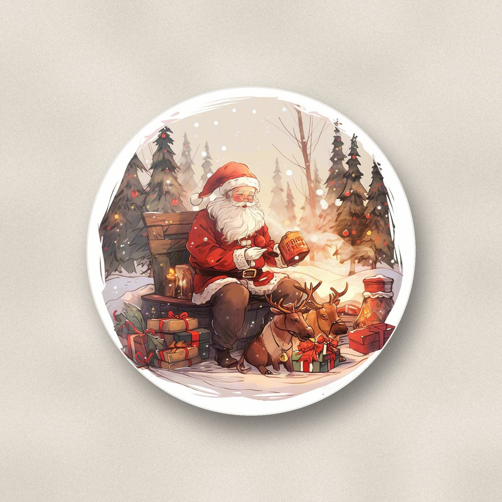 Close-up of one father christmas & reindeer in the woods round ceramic coaster, flat UV print