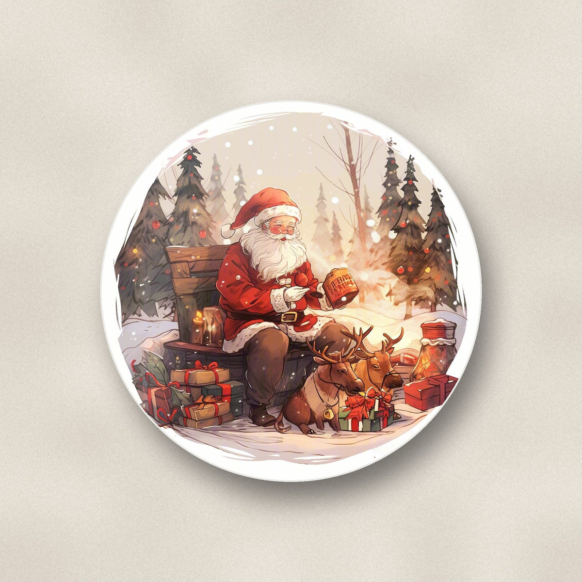 Close-up of one father christmas & reindeer in the woods round ceramic coaster, flat UV print