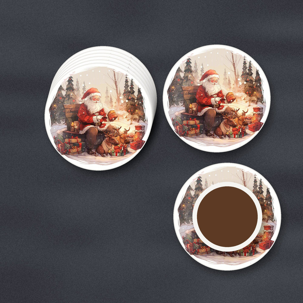 Father Christmas & Reindeer in the Woods round ceramic coasters stacked on a slate kitchen worktop