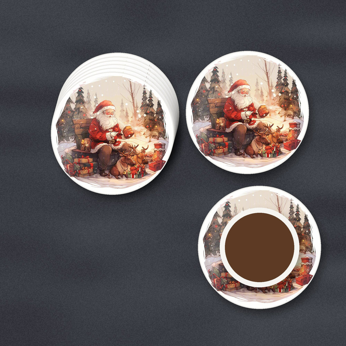 Father Christmas & Reindeer in the Woods round ceramic coasters stacked on a slate kitchen worktop