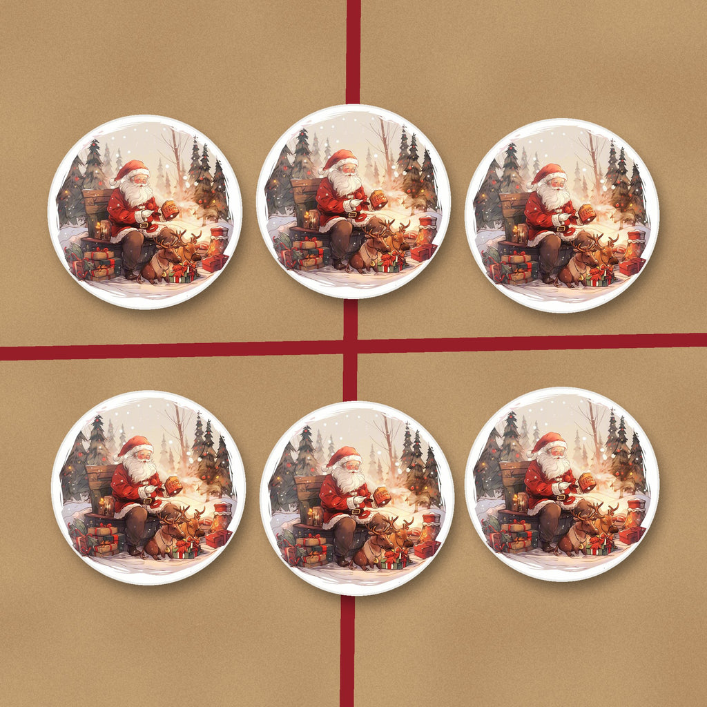Father Christmas & Reindeer in the Woods round ceramic coasters on kraft gift wrap
