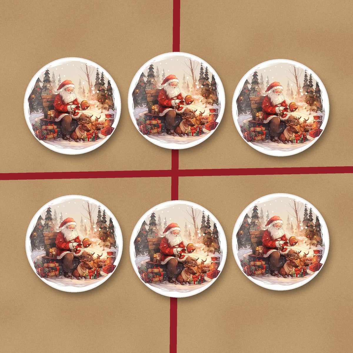 Father Christmas & Reindeer in the Woods round ceramic coasters on kraft gift wrap