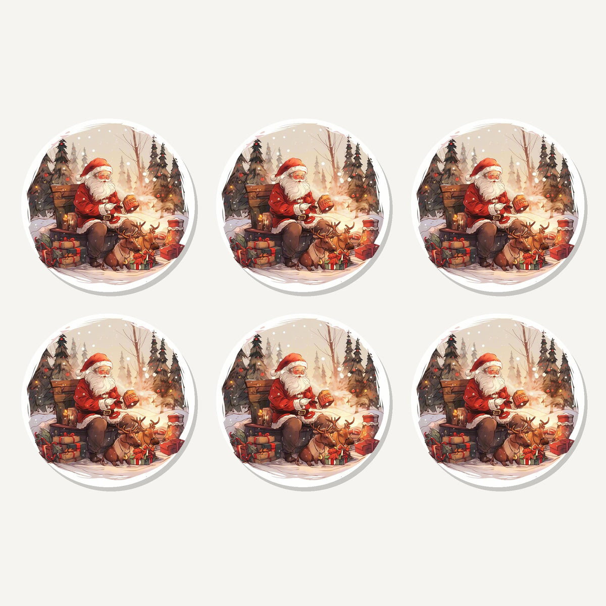 Flat lay of the father christmas & reindeer in the woods artwork on six round coasters