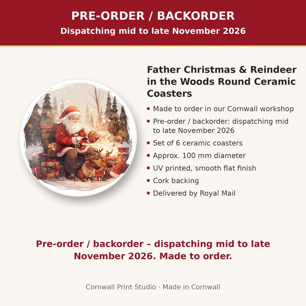 Info card: Father Christmas & Reindeer in the Woods Round Ceramic Coasters – Set of 6, made to order, dispatching mid to late November 2026, delivered by Royal Mail