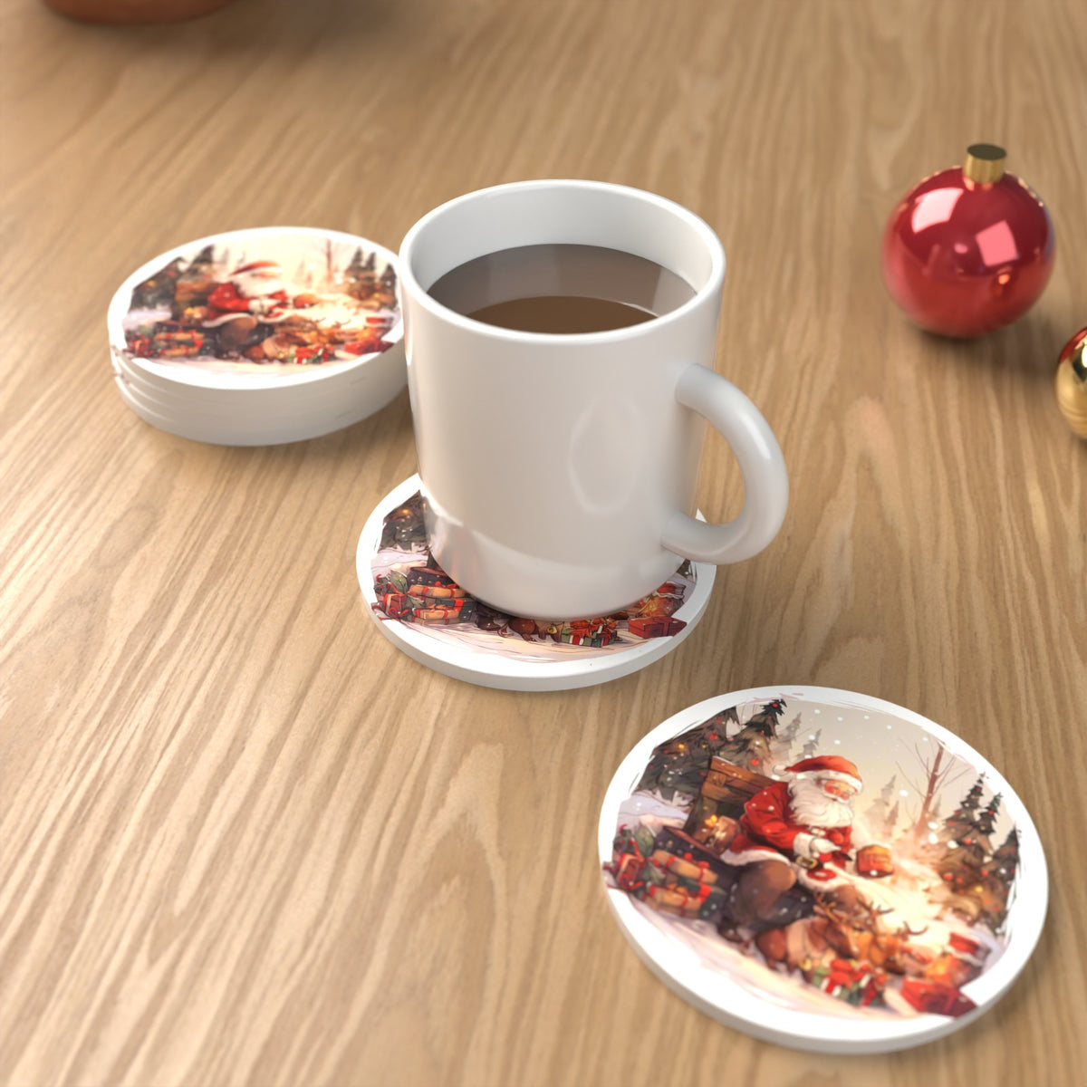 Father Christmas & Reindeer in the Woods Round Ceramic Coasters – Set of 6 – lifestyle mockup with a mug of coffee