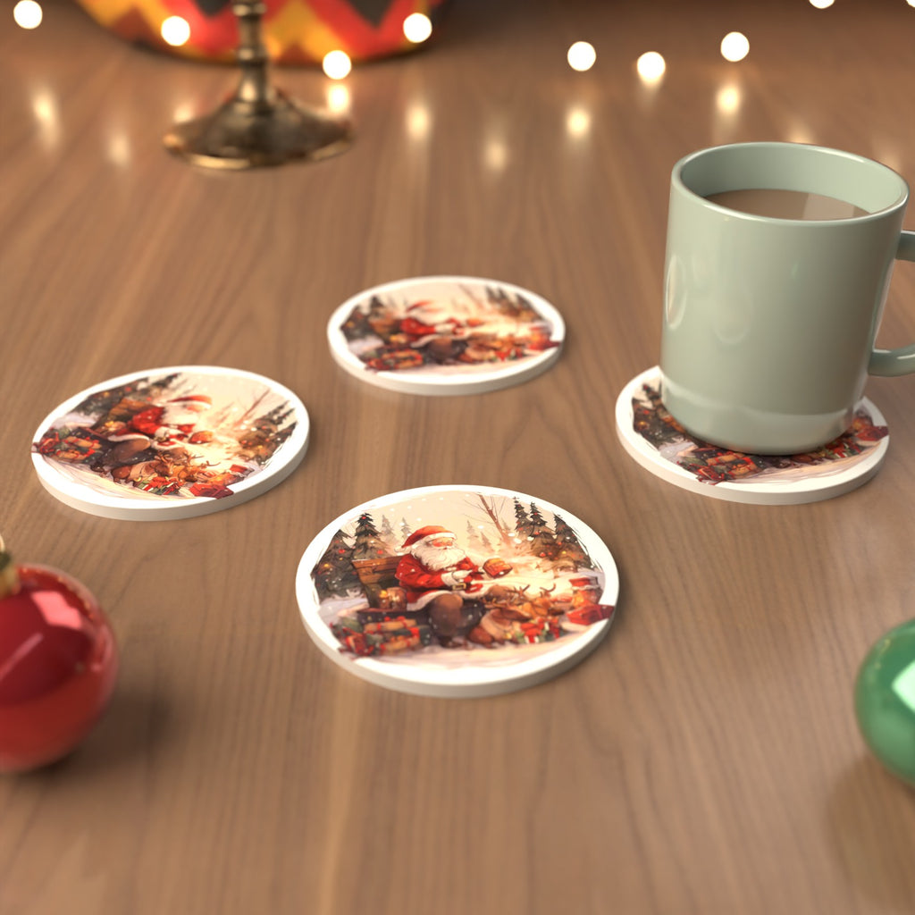 Father Christmas & Reindeer in the Woods Round Ceramic Coasters – Set of 6 – cosy lifestyle mockup
