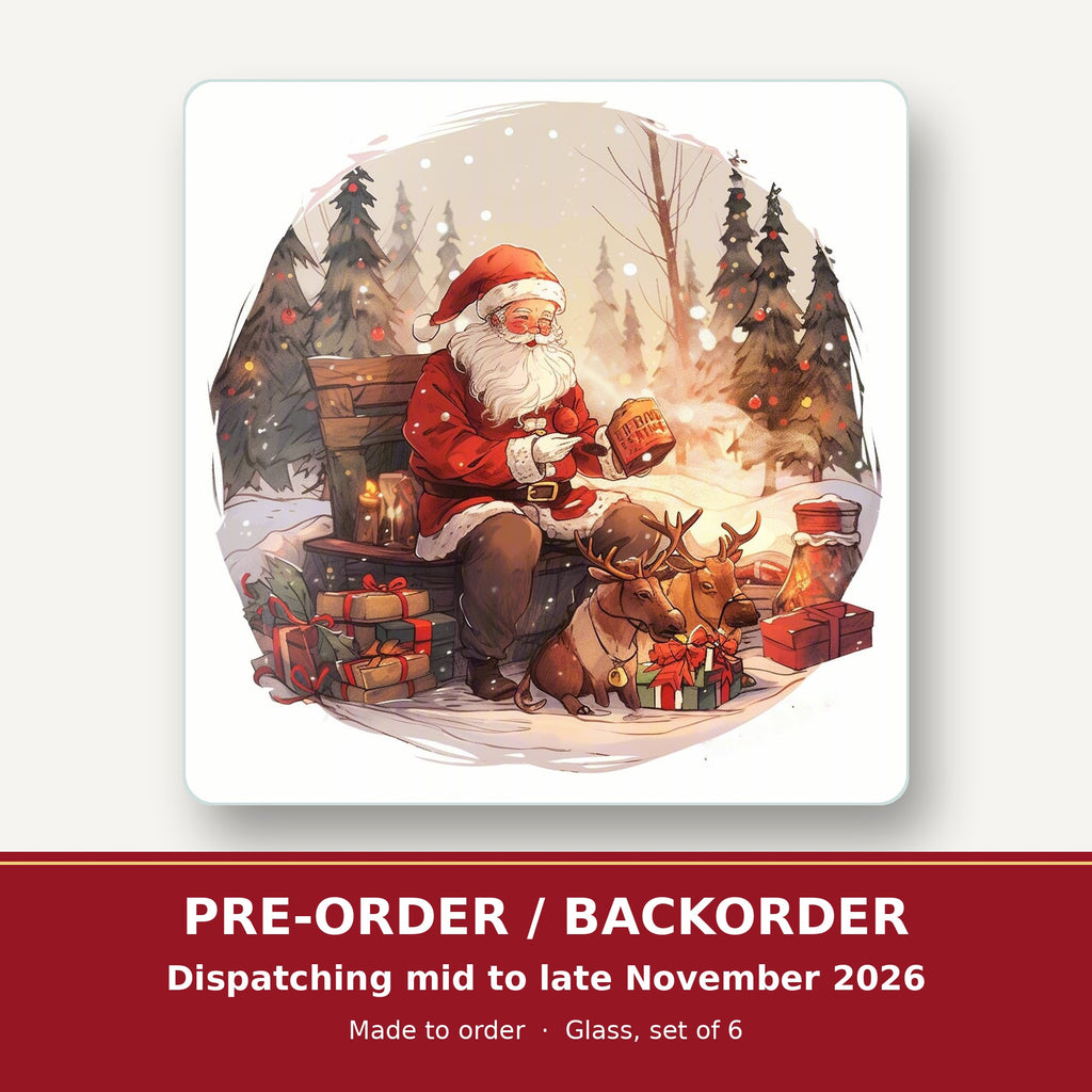 Father Christmas & Reindeer in the Woods square glass coaster set of 6 – pre-order / backorder, dispatching mid to late November 2026