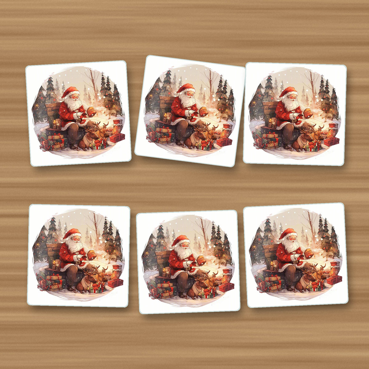 Father Christmas & Reindeer in the Woods square glass coasters, set of 6, on an oak coffee table