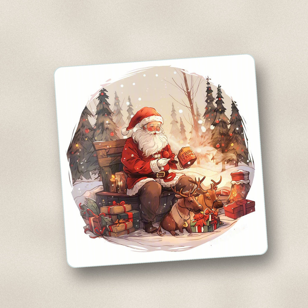 Close-up of one father christmas & reindeer in the woods square glass coaster, flat UV print