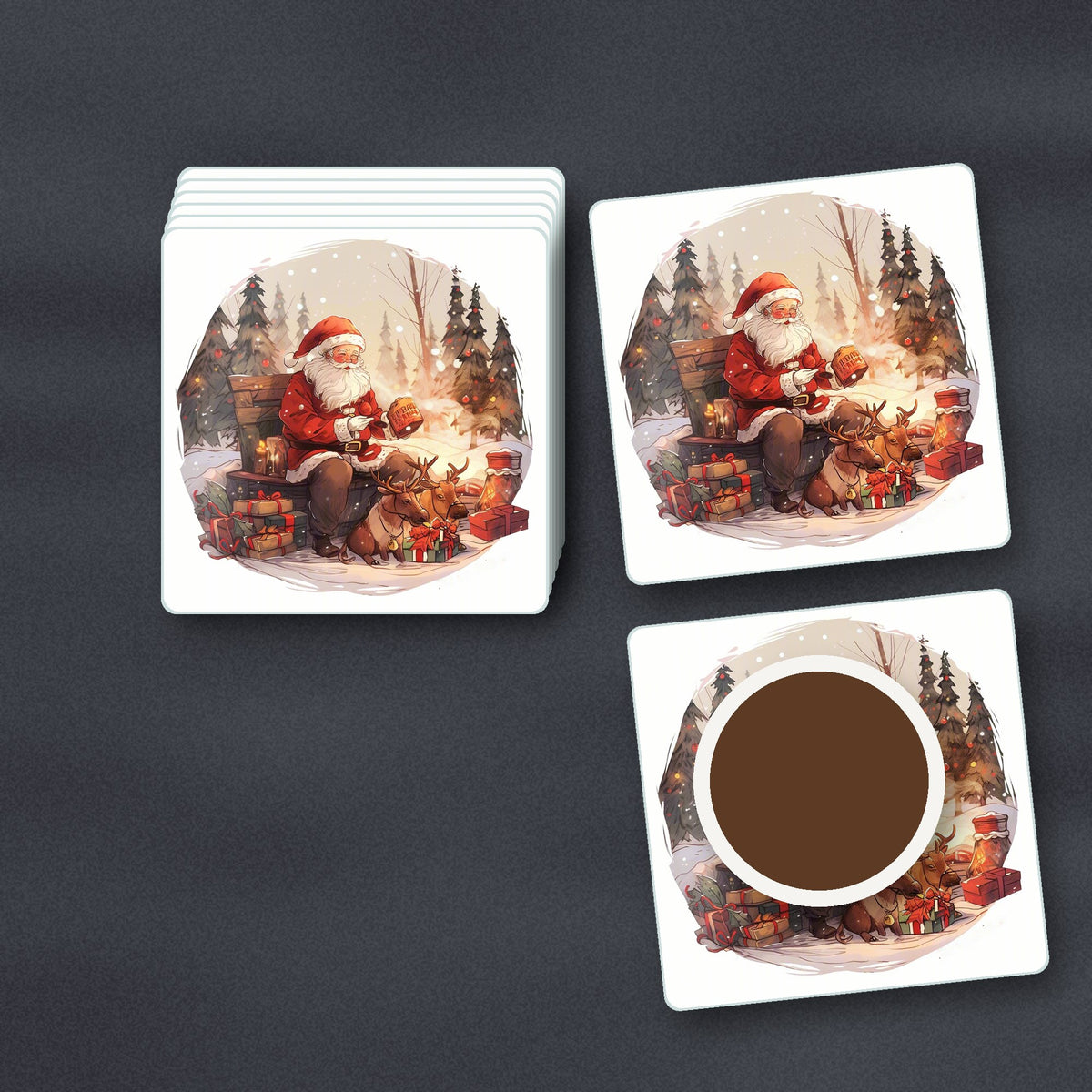 Father Christmas & Reindeer in the Woods square glass coasters stacked on a slate kitchen worktop
