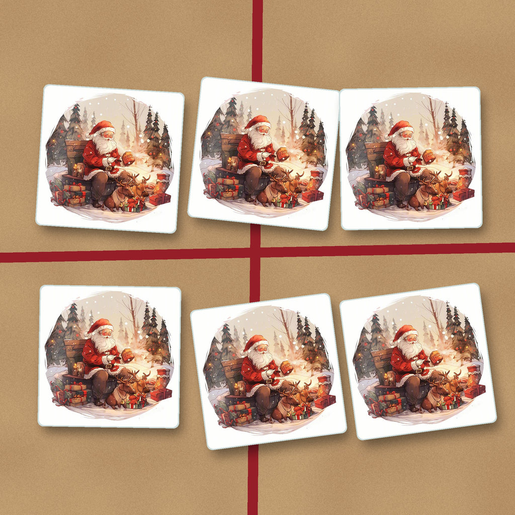Father Christmas & Reindeer in the Woods square glass coasters on kraft gift wrap