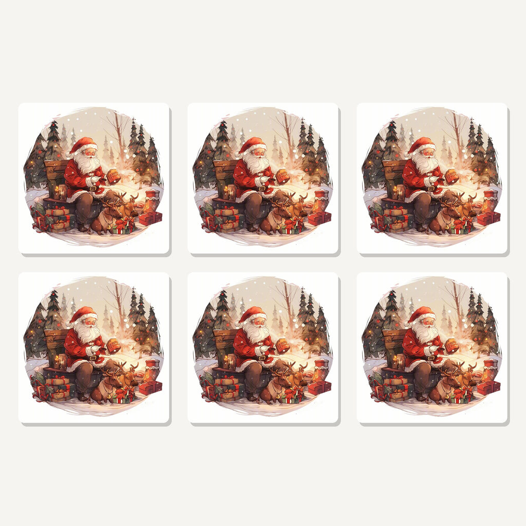 Flat lay of the father christmas & reindeer in the woods artwork on six square coasters