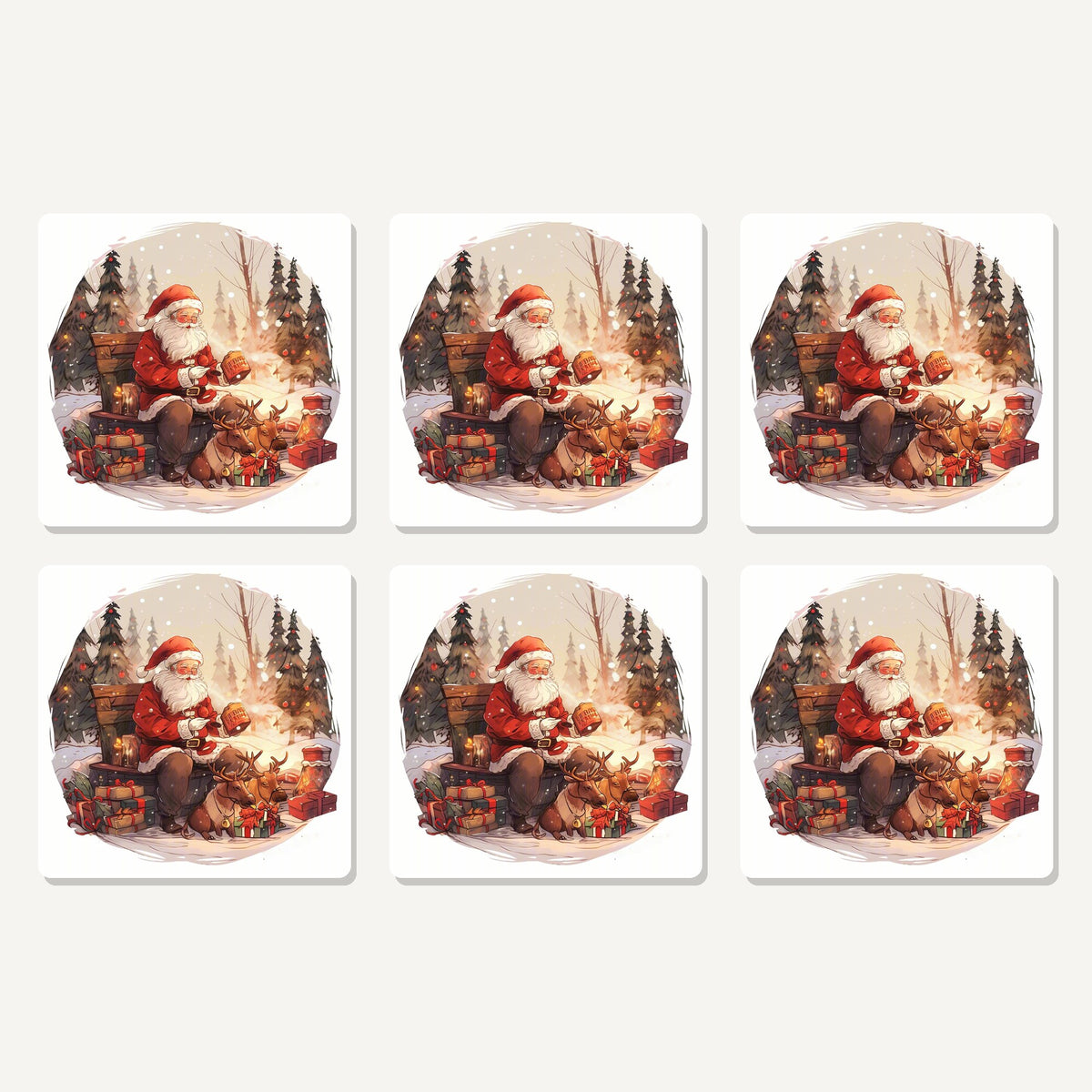 Flat lay of the father christmas & reindeer in the woods artwork on six square coasters