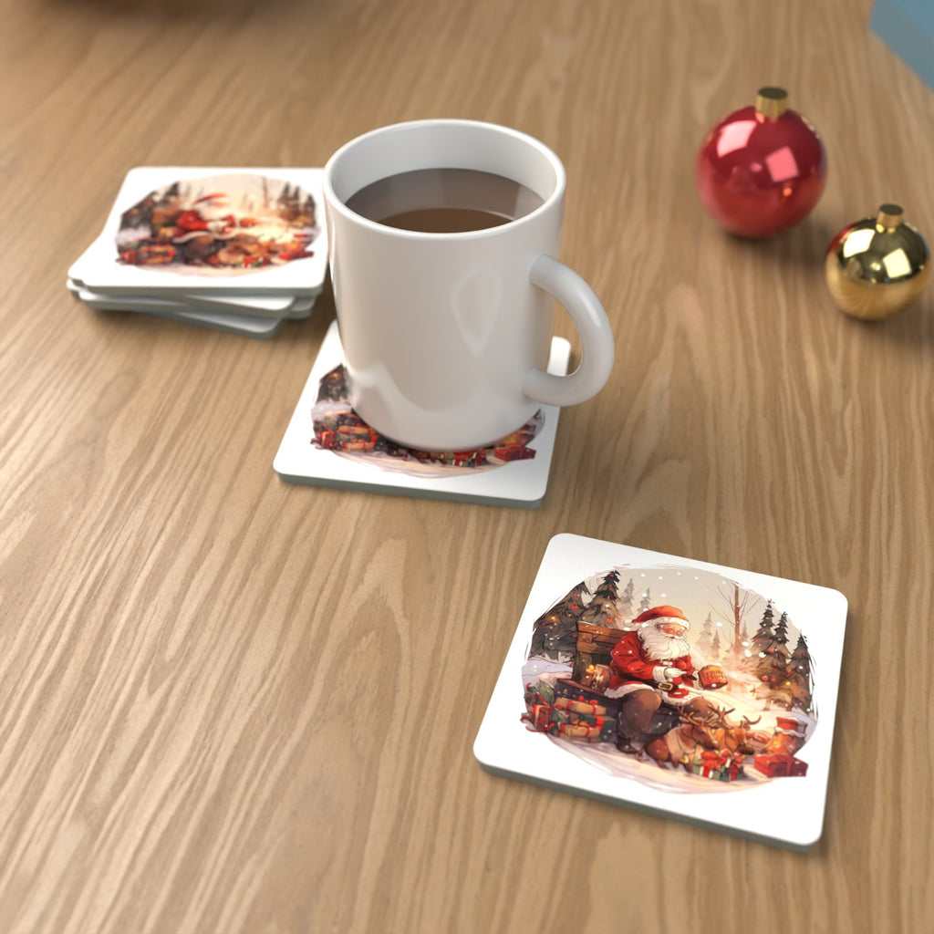 Father Christmas & Reindeer in the Woods Square Glass Coasters – Set of 6 – lifestyle mockup with a mug of coffee