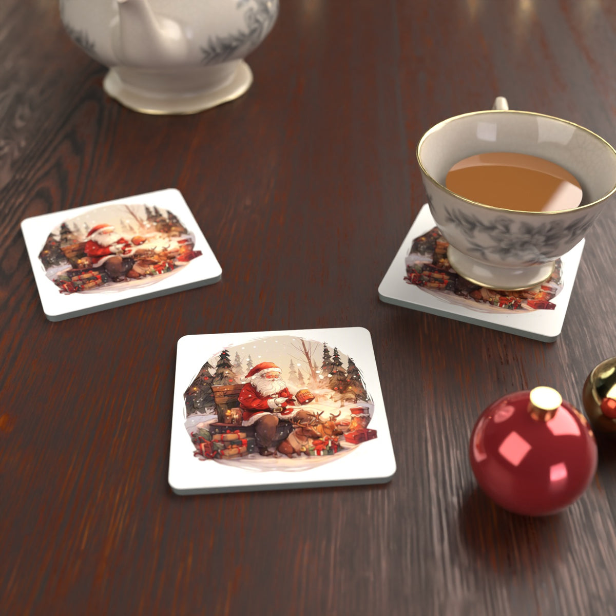 Father Christmas & Reindeer in the Woods Square Glass Coasters – Set of 6 – lifestyle mockup with a teacup