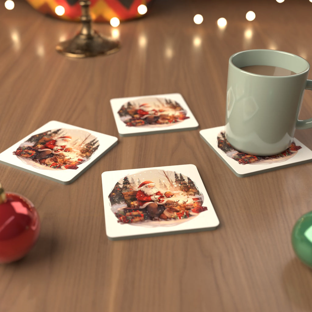 Father Christmas & Reindeer in the Woods Square Glass Coasters – Set of 6 – cosy lifestyle mockup