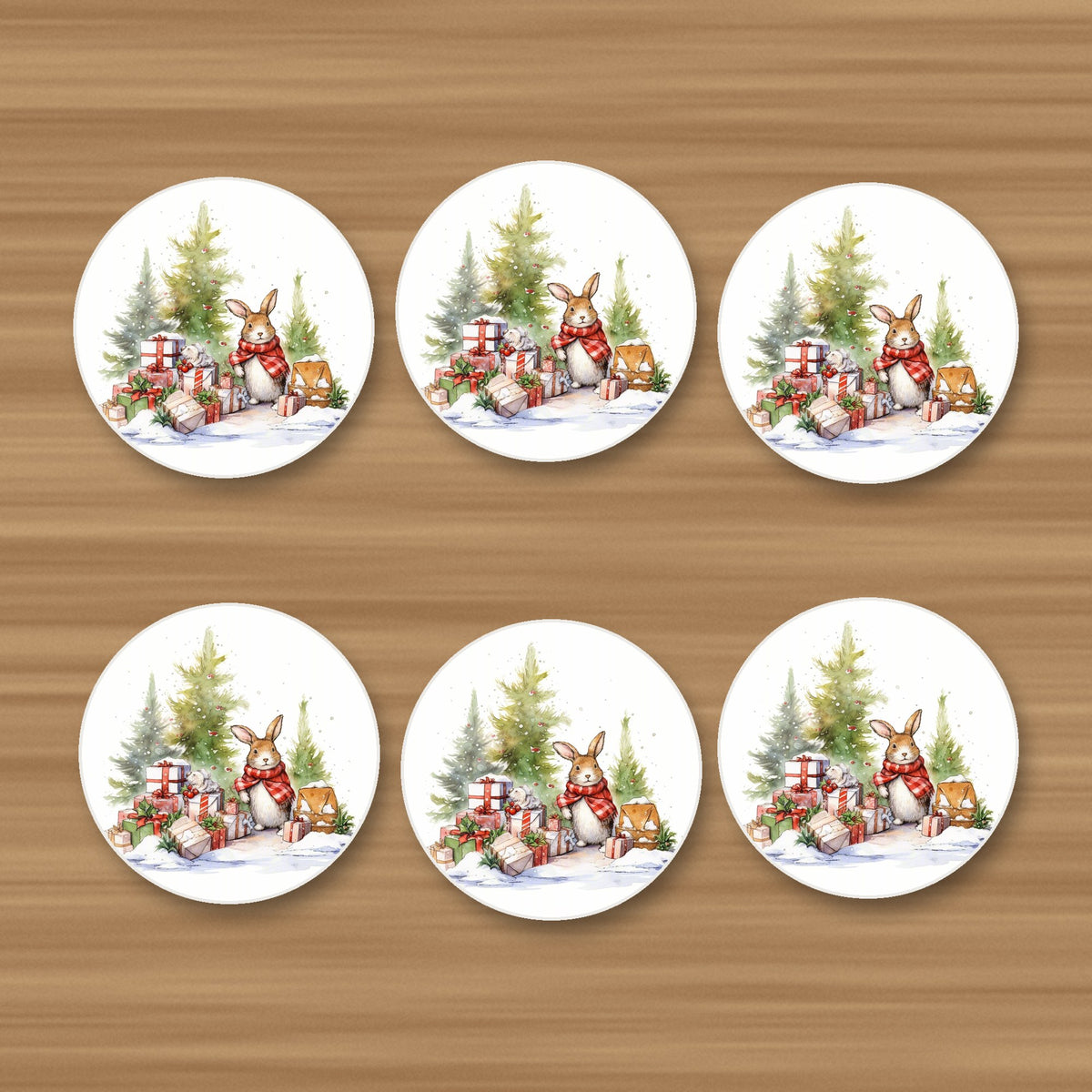 Christmas Rabbit with Presents round ceramic coasters, set of 6, on an oak coffee table