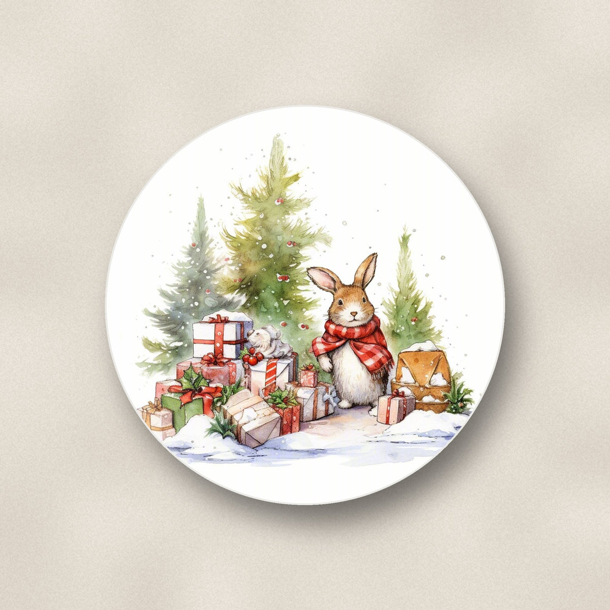 Close-up of one christmas rabbit with presents round ceramic coaster, flat UV print