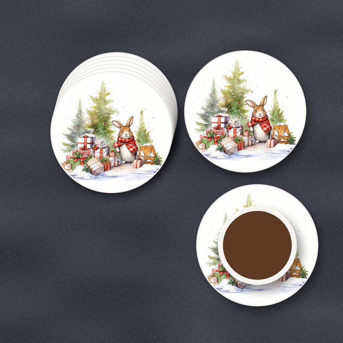 Christmas Rabbit with Presents round ceramic coasters stacked on a slate kitchen worktop