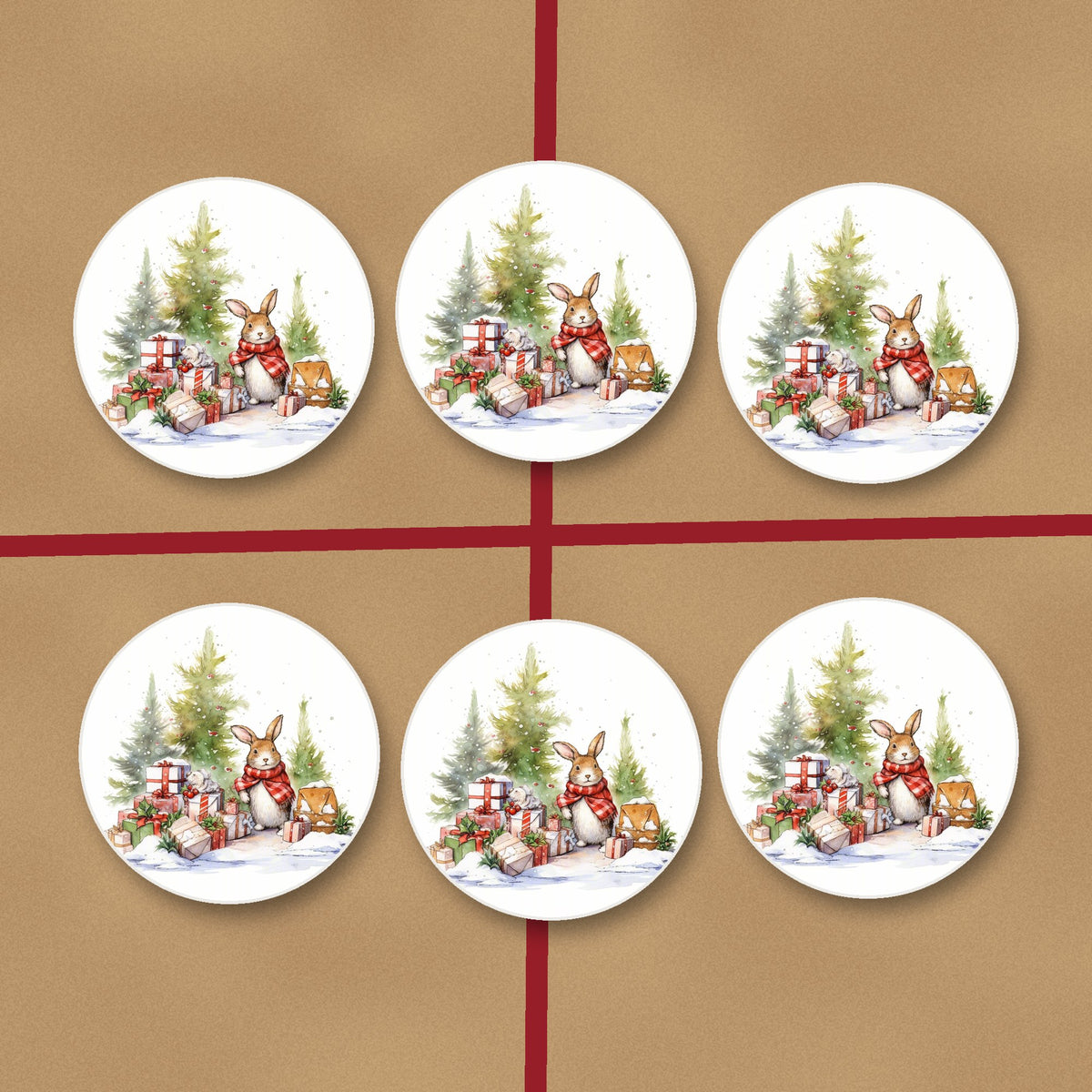 Christmas Rabbit with Presents round ceramic coasters on kraft gift wrap