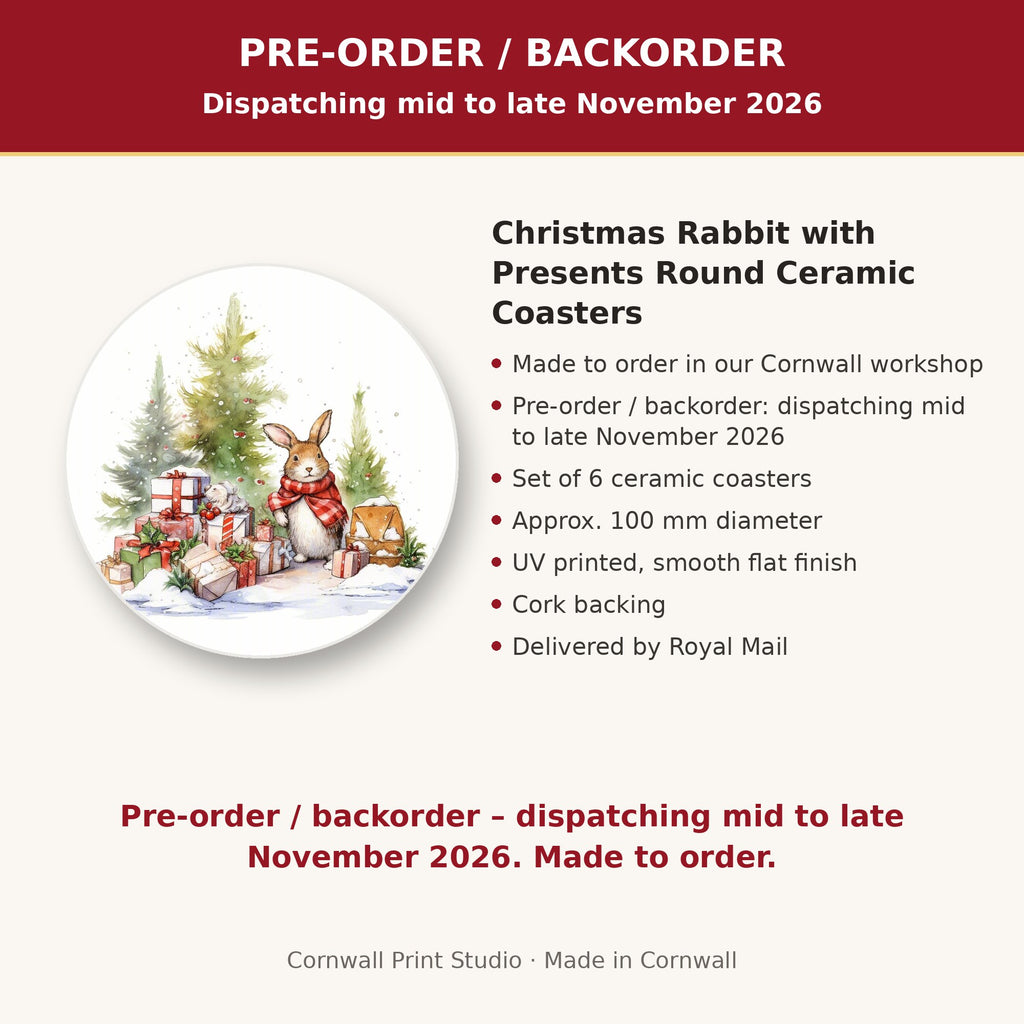 Info card: Christmas Rabbit with Presents Round Ceramic Coasters – Set of 6, made to order, dispatching mid to late November 2026, delivered by Royal Mail