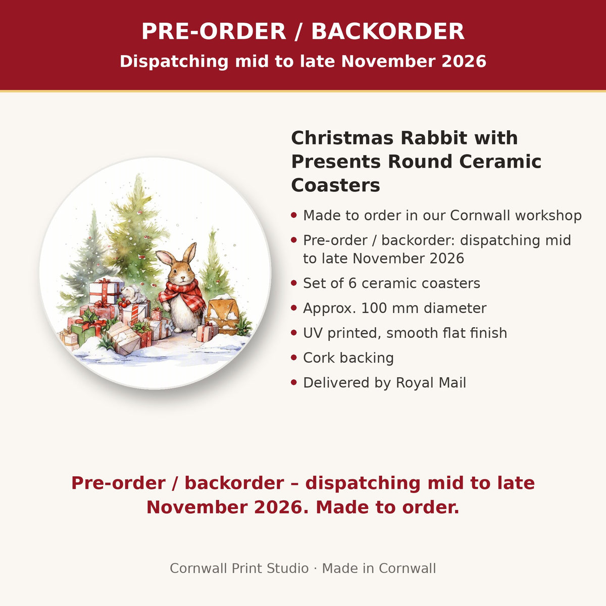 Info card: Christmas Rabbit with Presents Round Ceramic Coasters – Set of 6, made to order, dispatching mid to late November 2026, delivered by Royal Mail