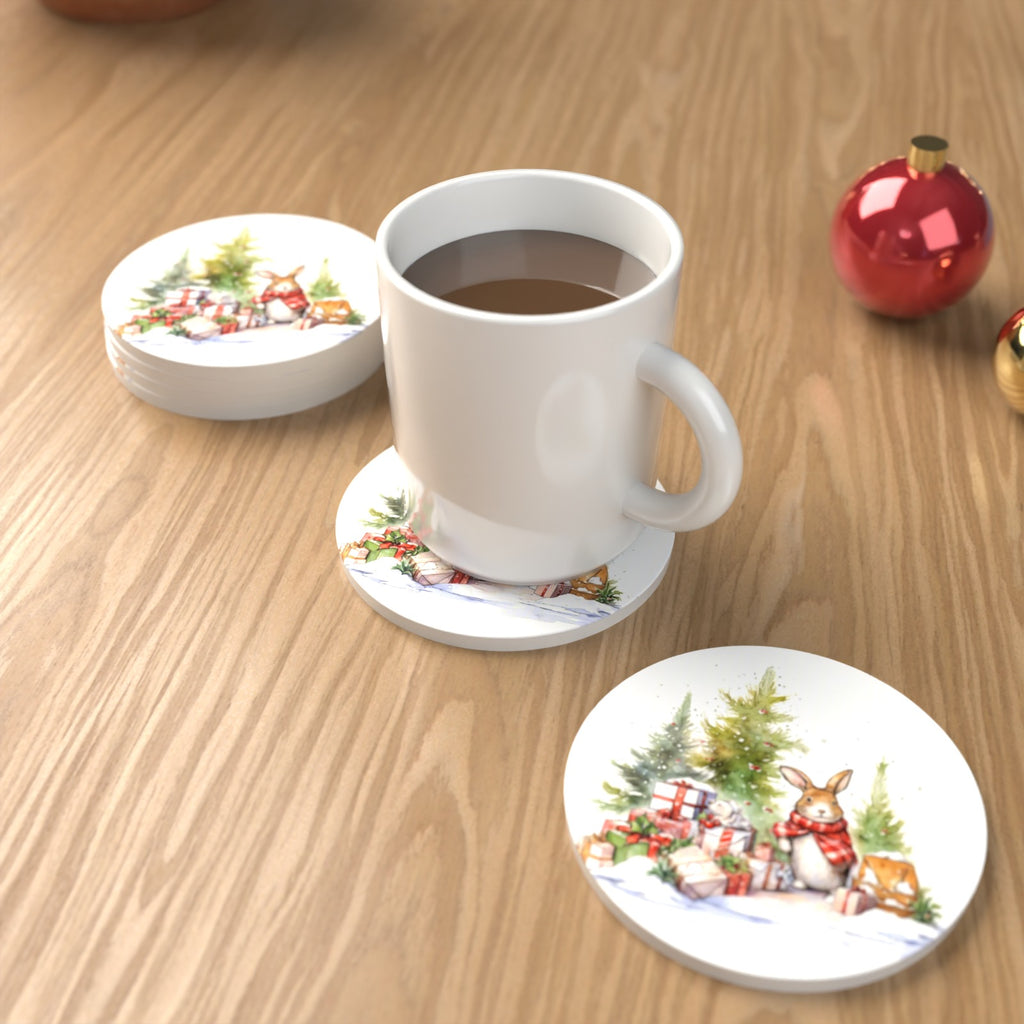 Christmas Rabbit with Presents Round Ceramic Coasters – Set of 6 – lifestyle mockup with a mug of coffee