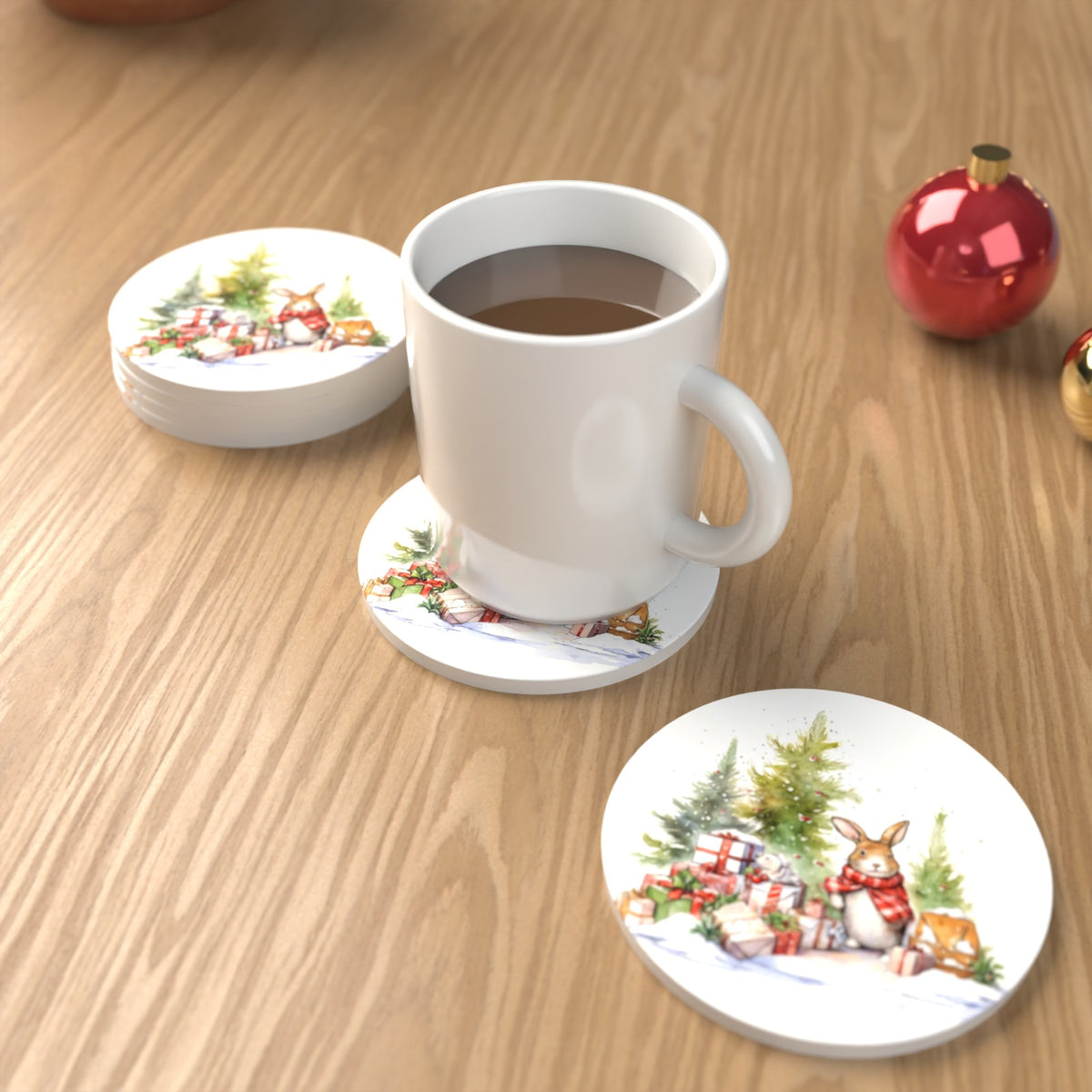 Christmas Rabbit with Presents Round Ceramic Coasters – Set of 6 – lifestyle mockup with a mug of coffee