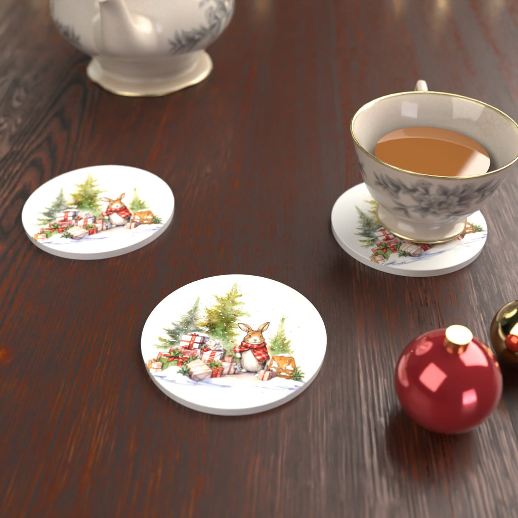Christmas Rabbit with Presents Round Ceramic Coasters – Set of 6 – lifestyle mockup with a teacup