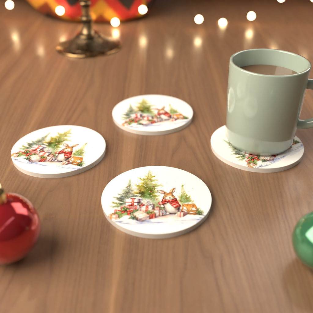 Christmas Rabbit with Presents Round Ceramic Coasters – Set of 6 – cosy lifestyle mockup