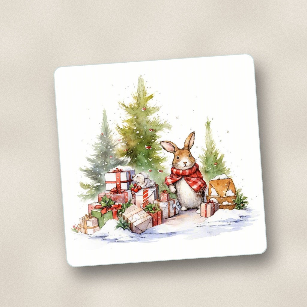 Close-up of one christmas rabbit with presents square glass coaster, flat UV print
