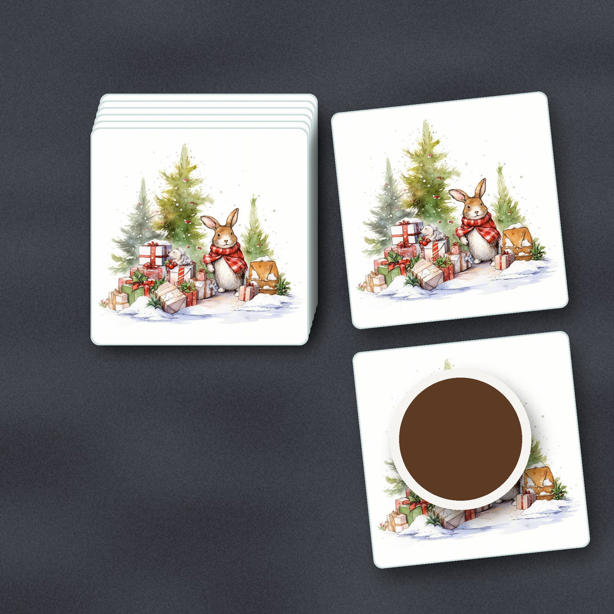 Christmas Rabbit with Presents square glass coasters stacked on a slate kitchen worktop