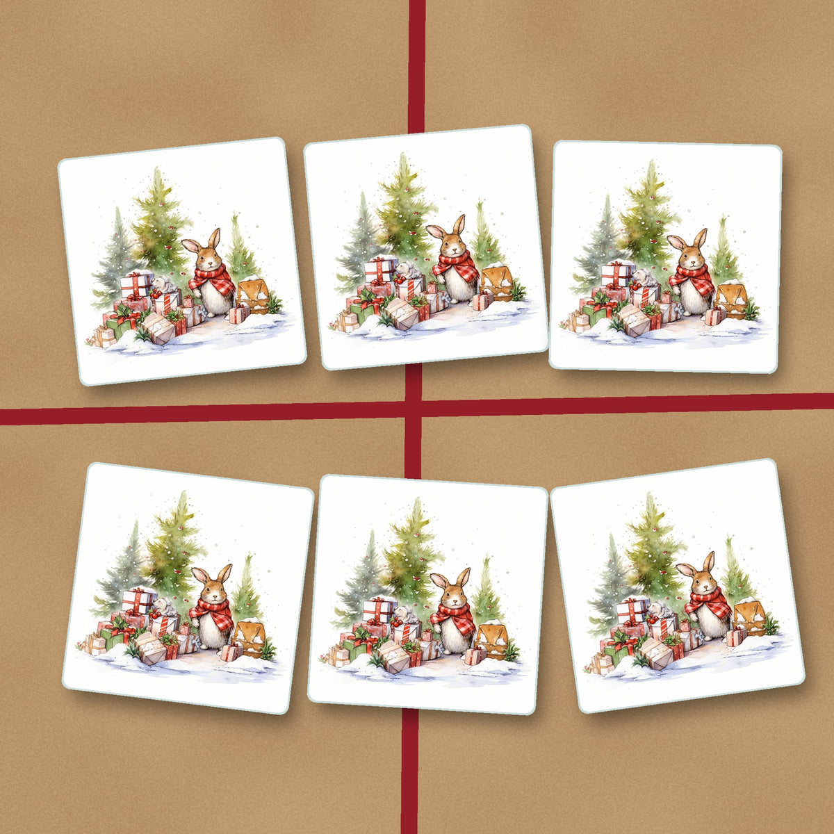 Christmas Rabbit with Presents square glass coasters on kraft gift wrap