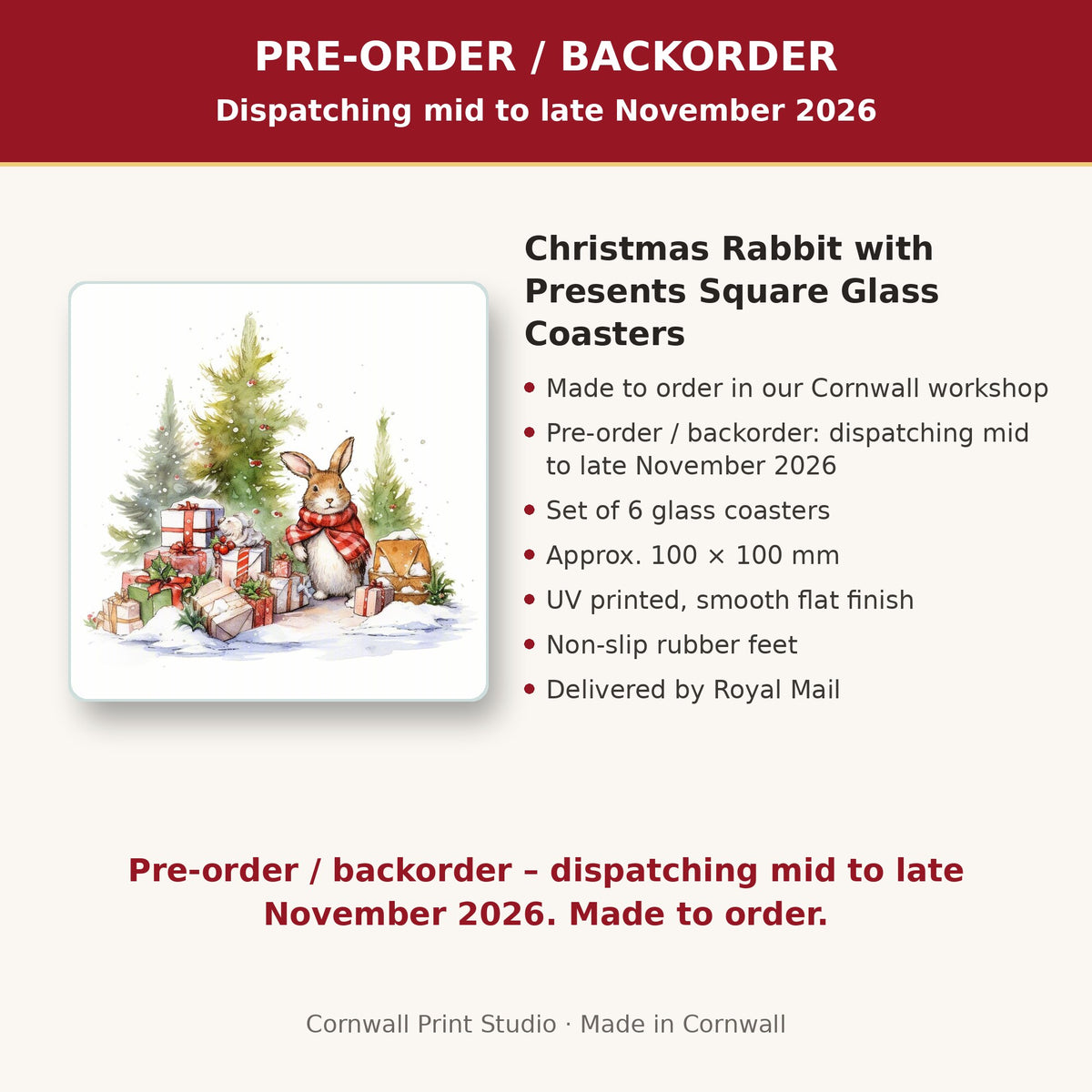 Info card: Christmas Rabbit with Presents Square Glass Coasters – Set of 6, made to order, dispatching mid to late November 2026, delivered by Royal Mail
