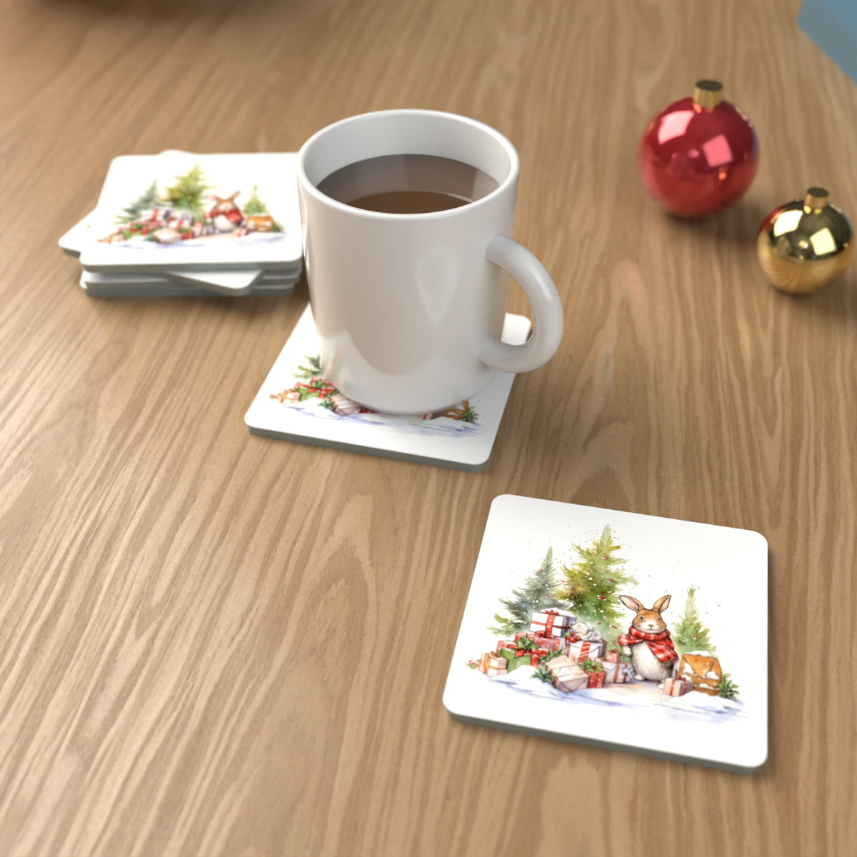 Christmas Rabbit with Presents Square Glass Coasters – Set of 6 – lifestyle mockup with a mug of coffee