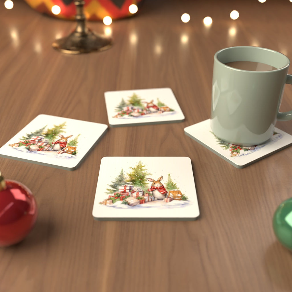 Christmas Rabbit with Presents Square Glass Coasters – Set of 6 – cosy lifestyle mockup