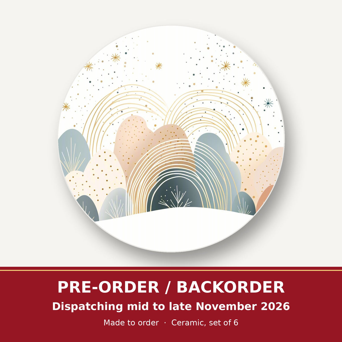 Minimalist Pastel Hills & Rainbows round ceramic coaster set of 6 – pre-order / backorder, dispatching mid to late November 2026