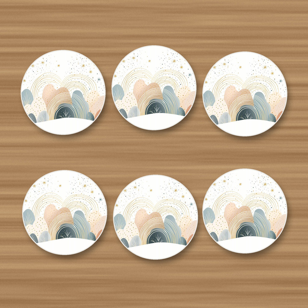 Minimalist Pastel Hills & Rainbows round ceramic coasters, set of 6, on an oak coffee table