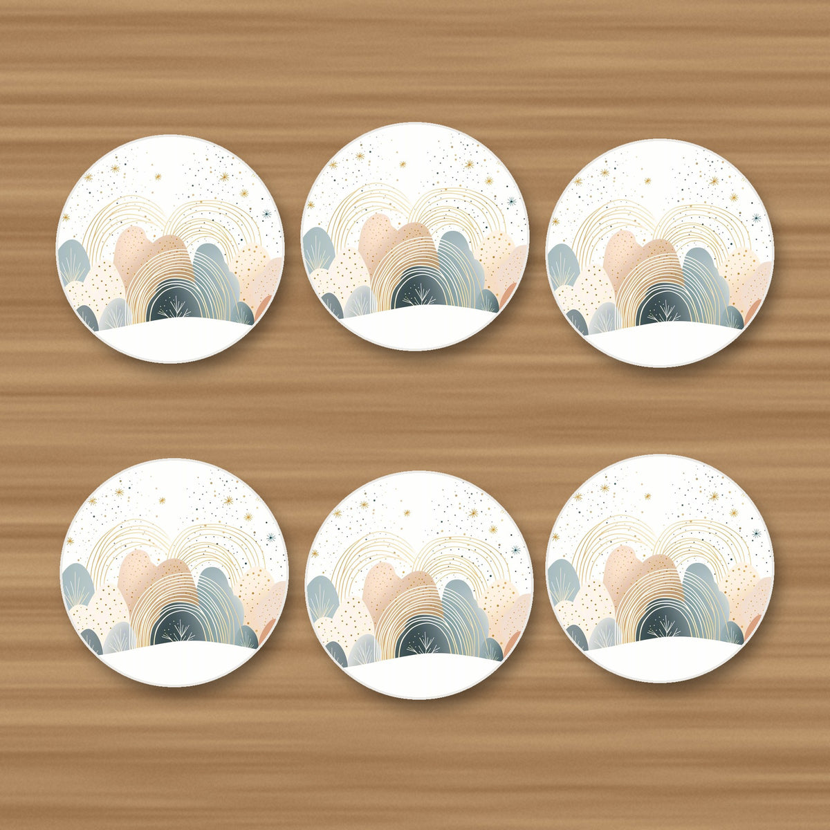 Minimalist Pastel Hills & Rainbows round ceramic coasters, set of 6, on an oak coffee table