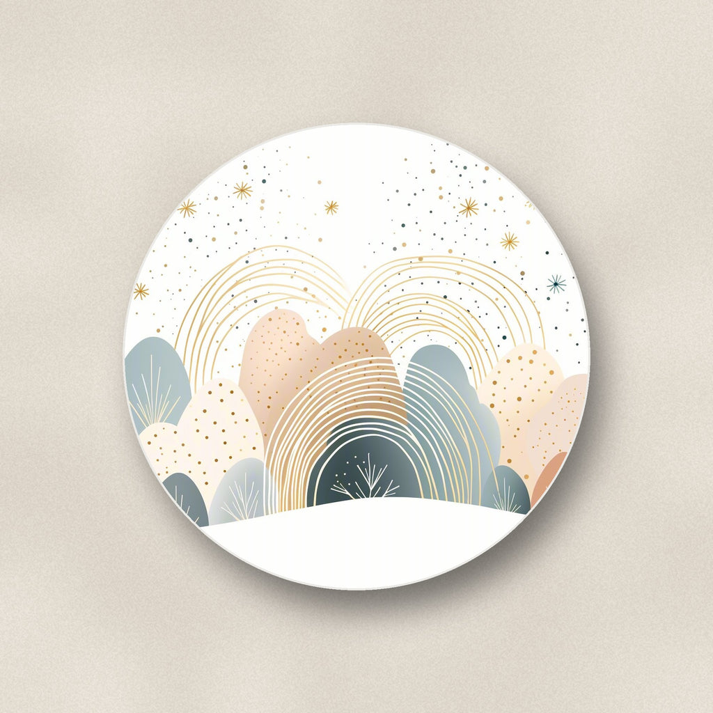 Close-up of one minimalist pastel hills & rainbows round ceramic coaster, flat UV print