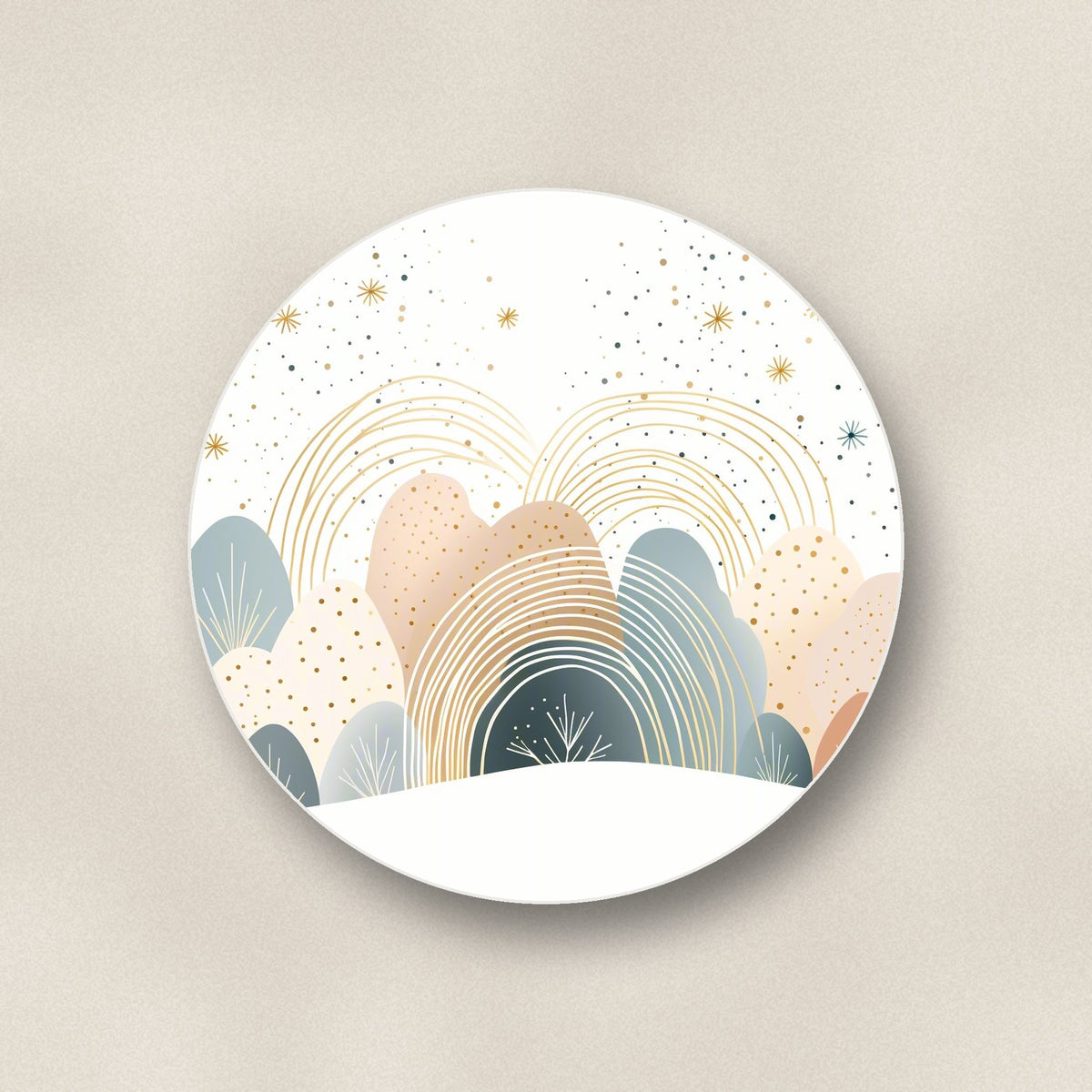 Close-up of one minimalist pastel hills & rainbows round ceramic coaster, flat UV print