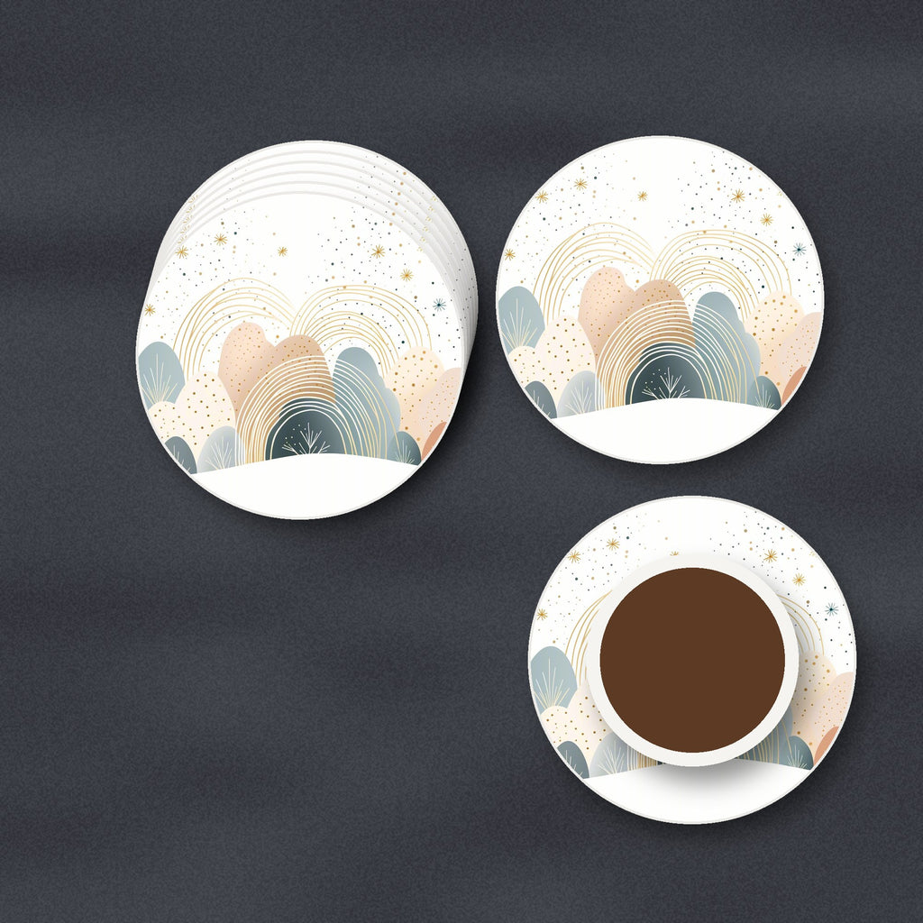 Minimalist Pastel Hills & Rainbows round ceramic coasters stacked on a slate kitchen worktop