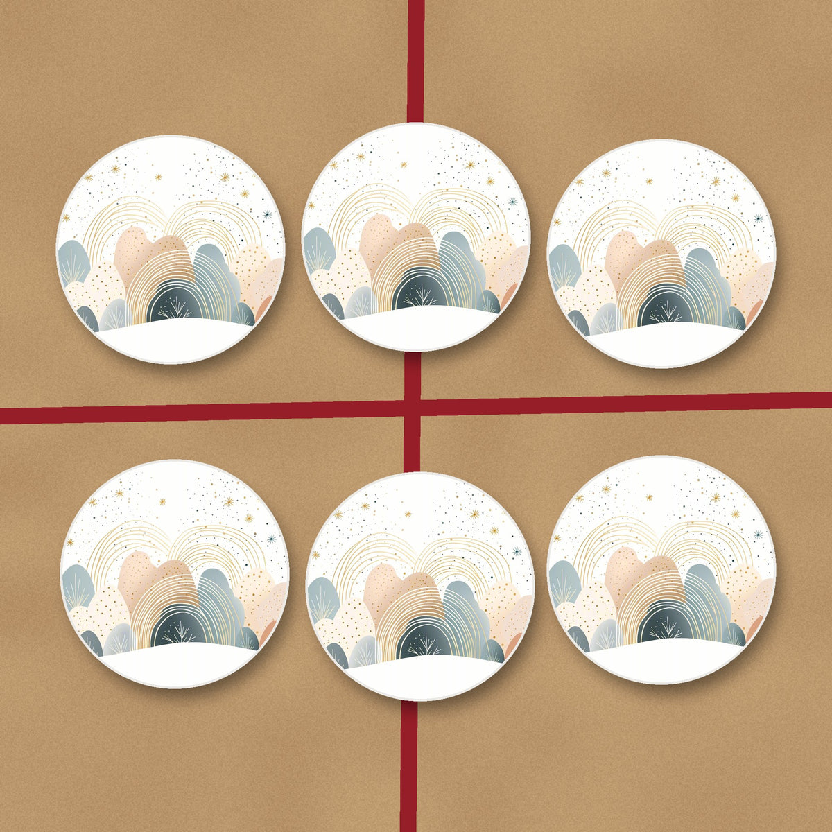 Minimalist Pastel Hills & Rainbows round ceramic coasters on kraft gift wrap