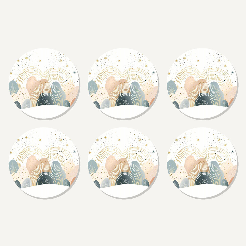 Flat lay of the minimalist pastel hills & rainbows artwork on six round coasters